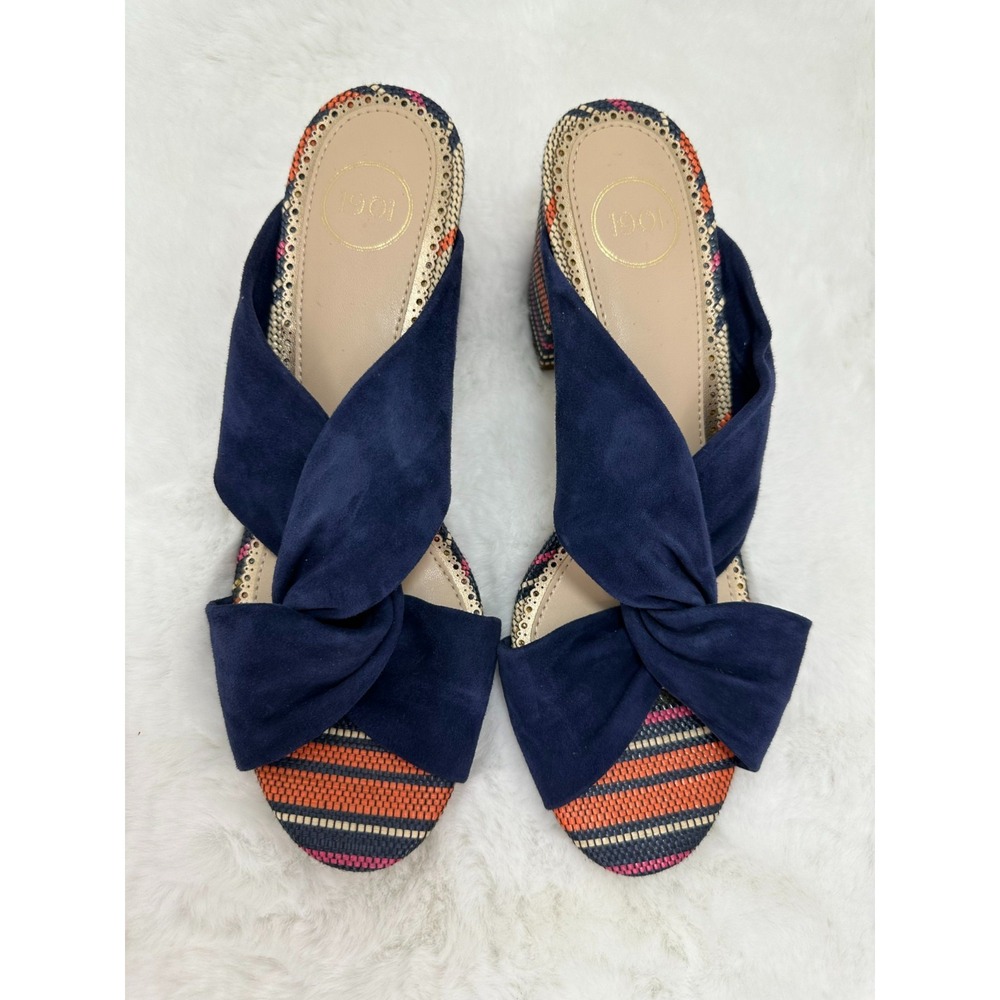 1901 Suede Knotted Bow Sandals Womens Sz 7.5M Blue Boho Woven Raffia Block Heels